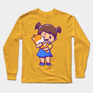 Cute Girl Hug Shiba Inu Dog Cartoon Long Sleeve T-Shirt